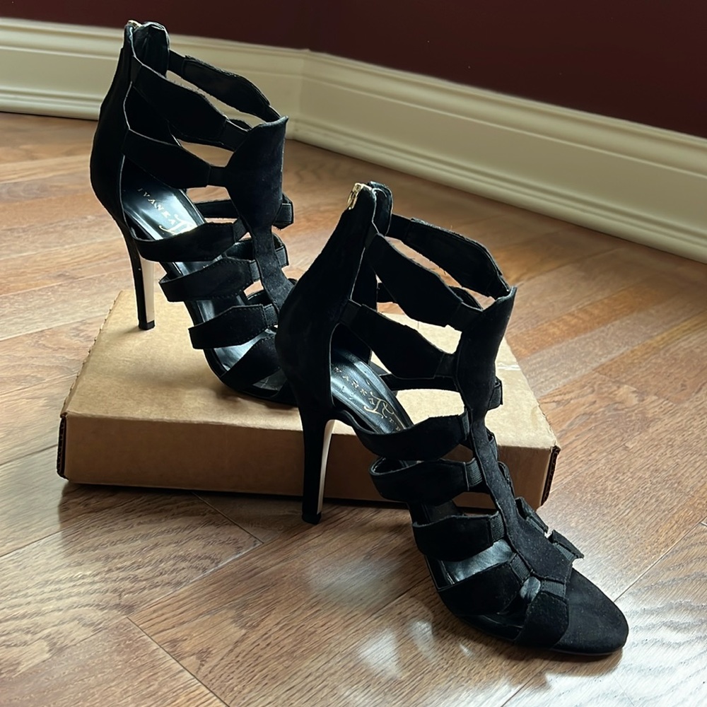 Ivanka Trump 8.5 strappy black suede heels with zip up ankle